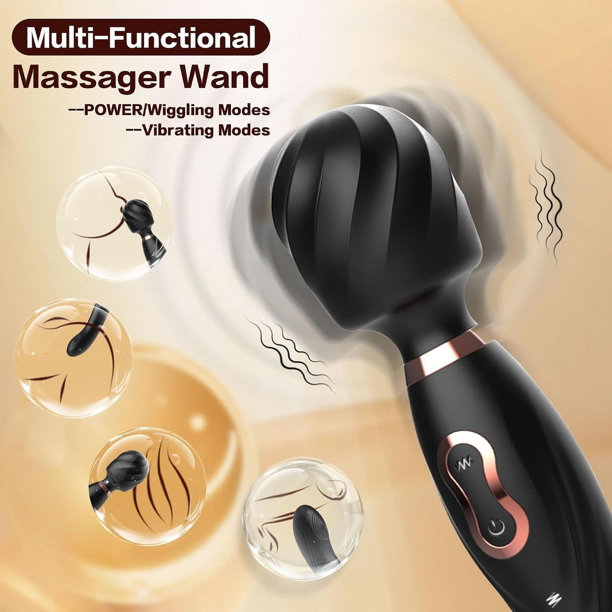 Black dual-ended massage wand with contoured handle and red power button
