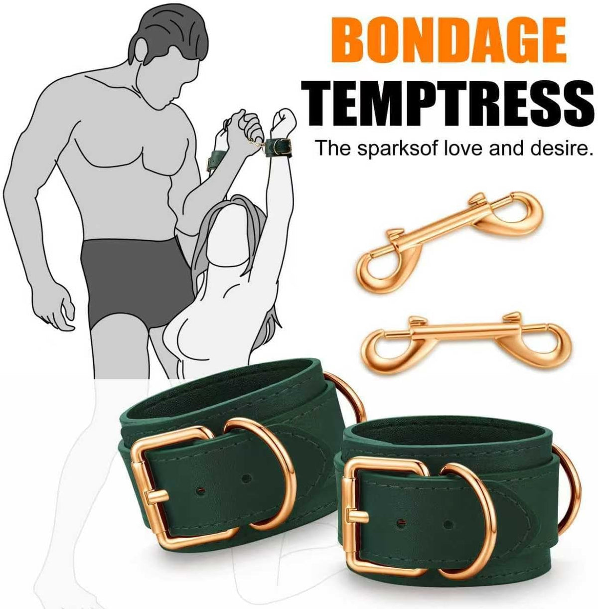 Green wrist restraints with gold-tone buckles and metal hooks, plus chain accessory