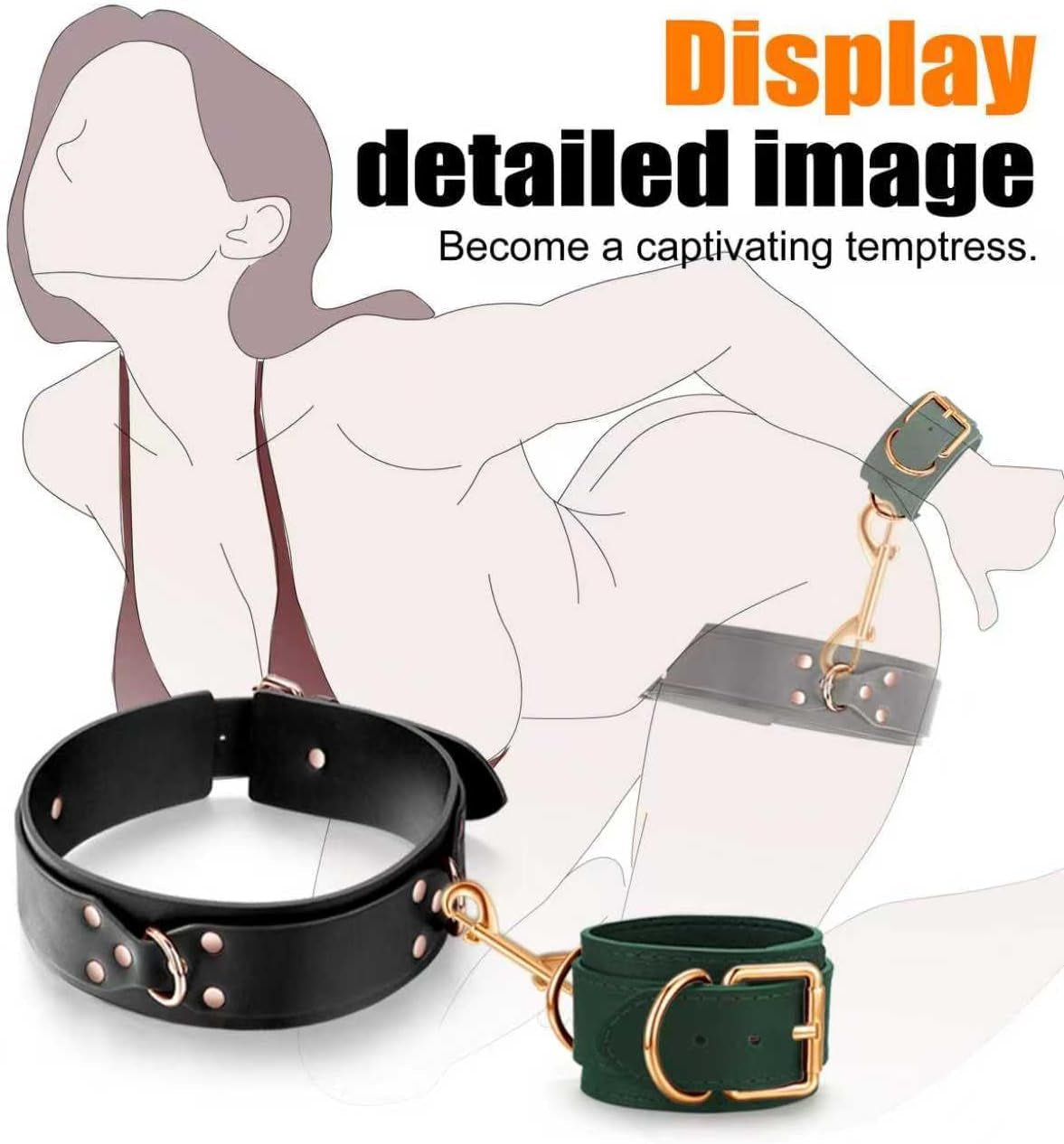 Black and green collars and cuffs with gold hardware and ring detail
