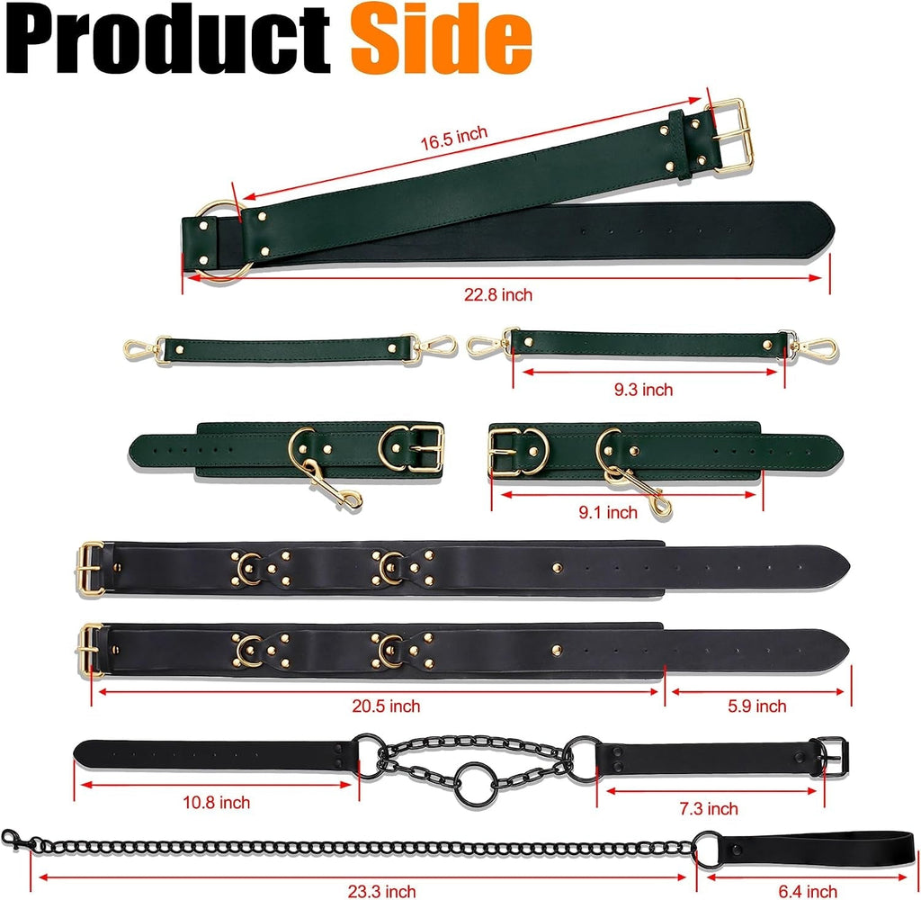 Restraint set product side with size guide for green and black straps and chains