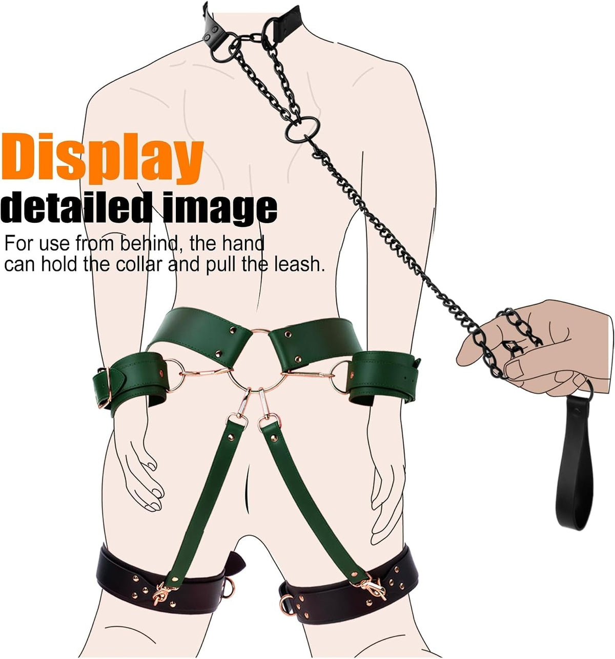Restraint set on model: green straps, black cuffs, and silver chain collar with leash