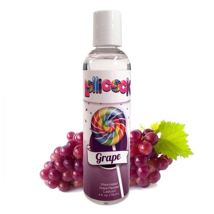 Grape flavored water-based body gel bottle with colorful label