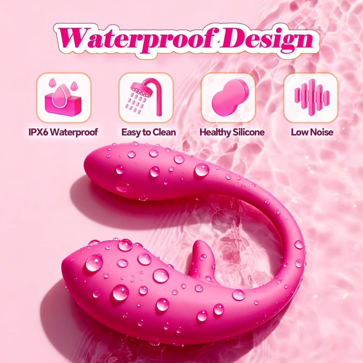 Pink waterproof wearable vibrator with water droplets on the curved body
