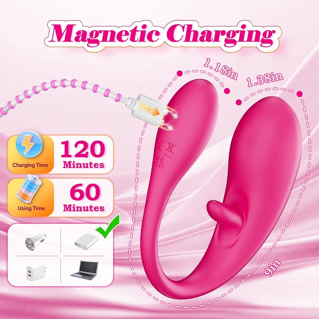 Pink wearable vibrator with magnetic charging cable and charging indicator