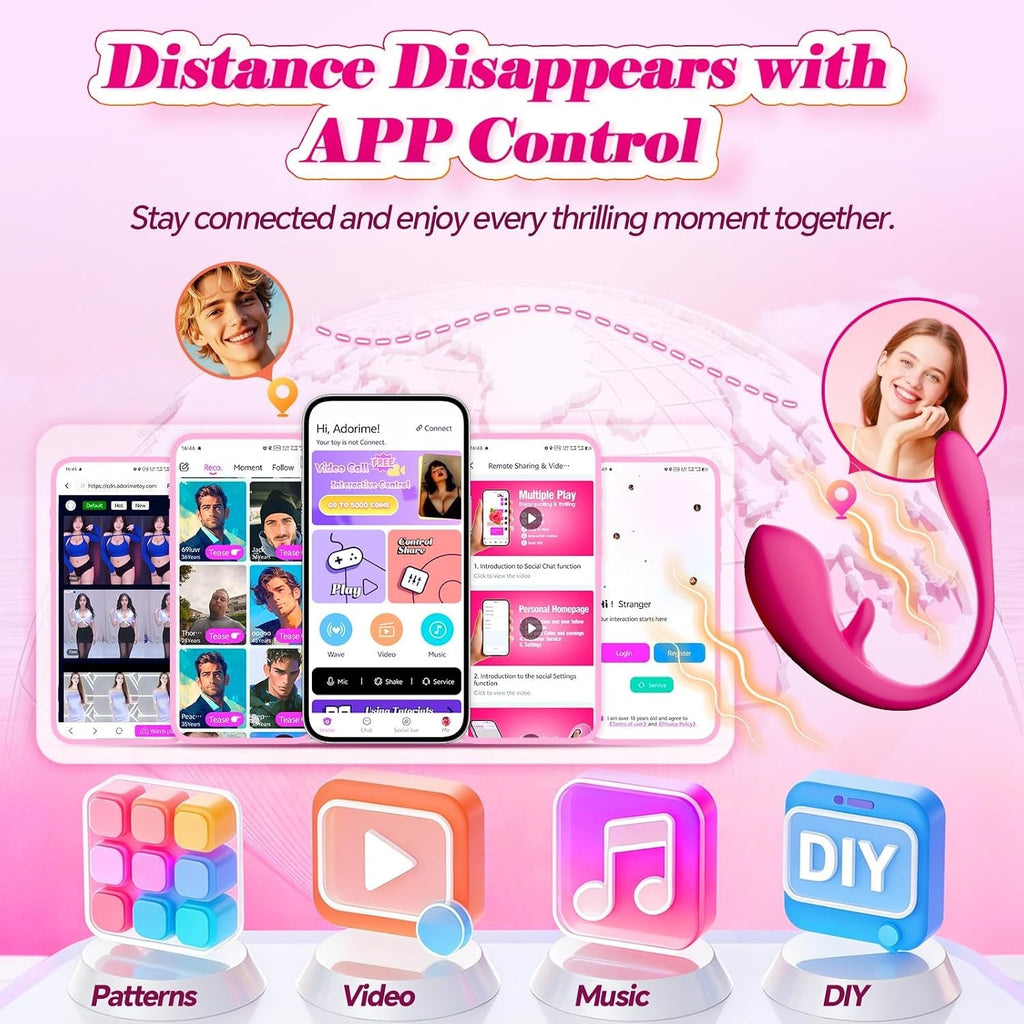 Pink U-shaped wearable vibrator next to smartphone screens for app control