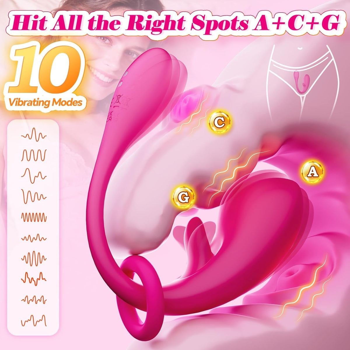 Pink wearable vibrator with curved U-shape and textured control buttons