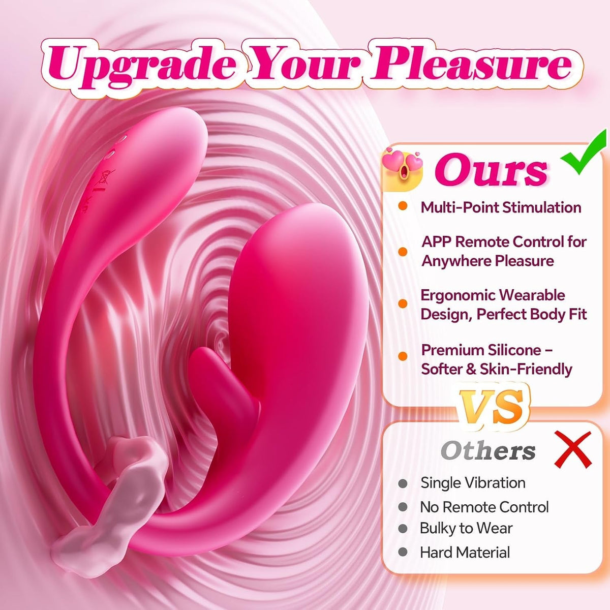 Pink wearable vibrator in close-up, showing curved contours