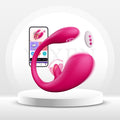 Pink U-shaped wearable vibrator with remote control and smartphone app display