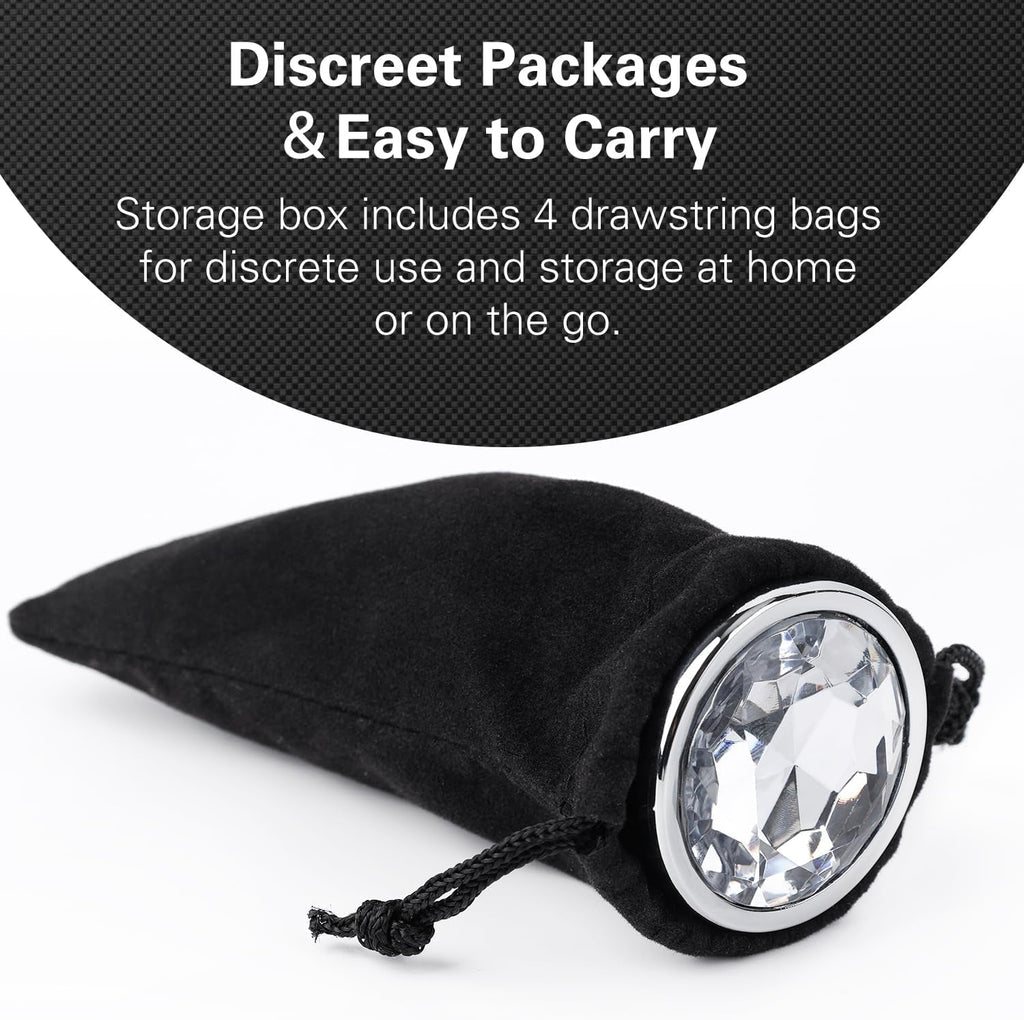 Black fabric storage pouch with chrome anal plug and clear gem-like tip