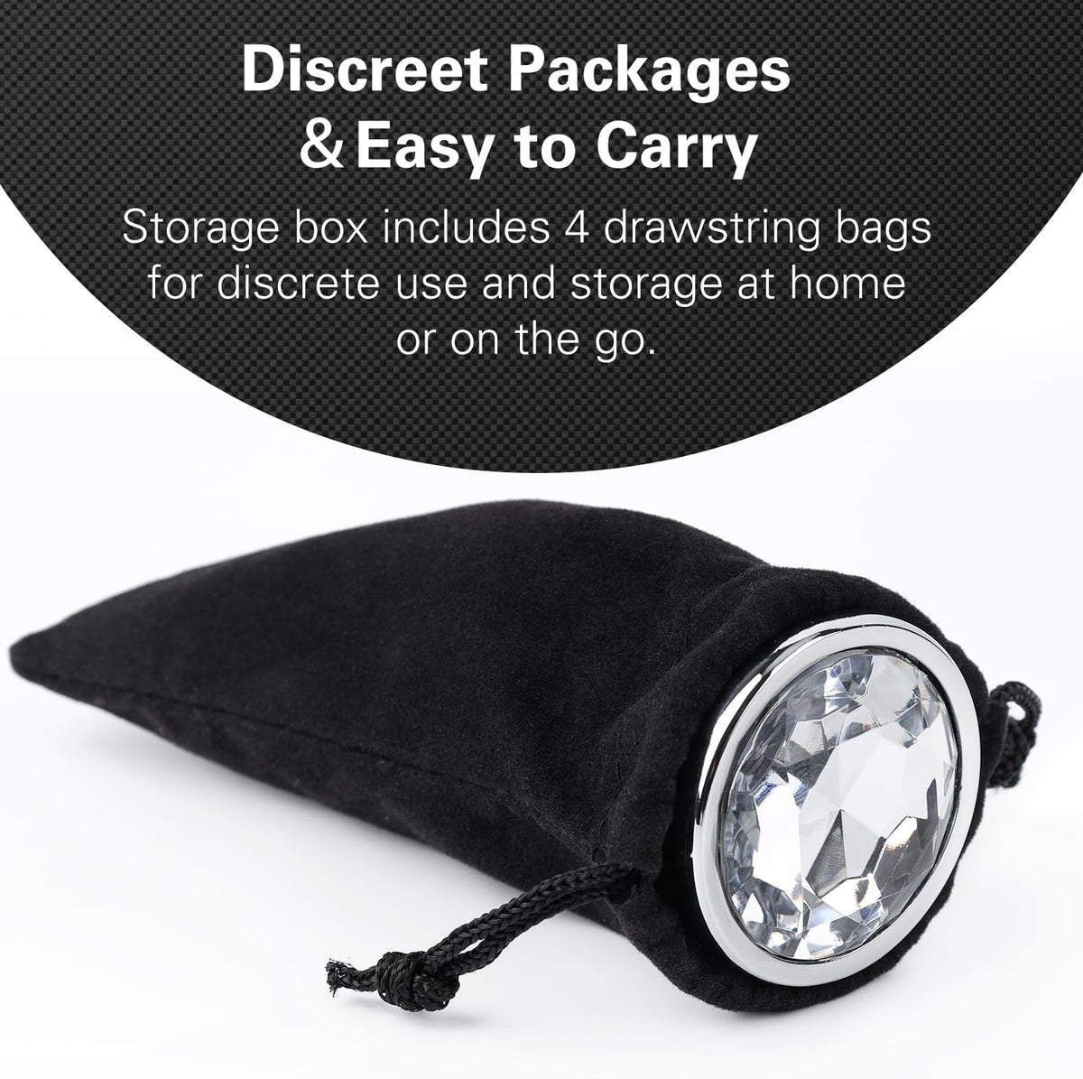Black fabric storage pouch with chrome anal plug and clear gem-like tip