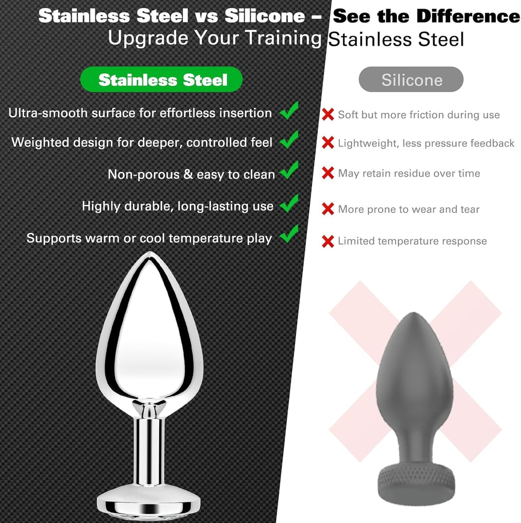 Chrome anal plug with faceted crystal-like tip comparison panel, stainless steel look