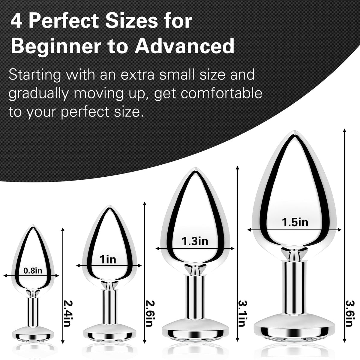 Chrome anal plugs with crystal-like tips and height measurements, four-piece set