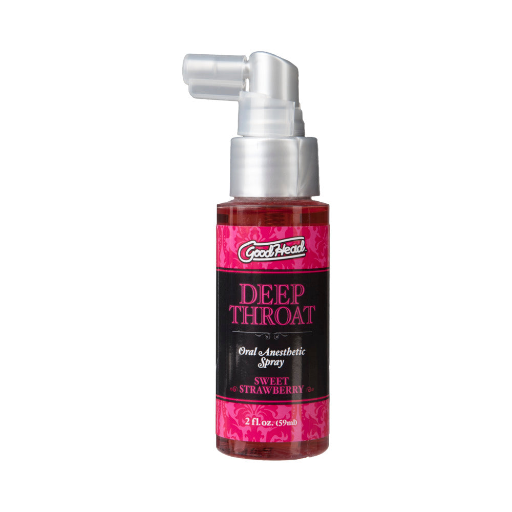 Deep throat spray bottle with silver pump, dark bottle, sweet strawberry scent