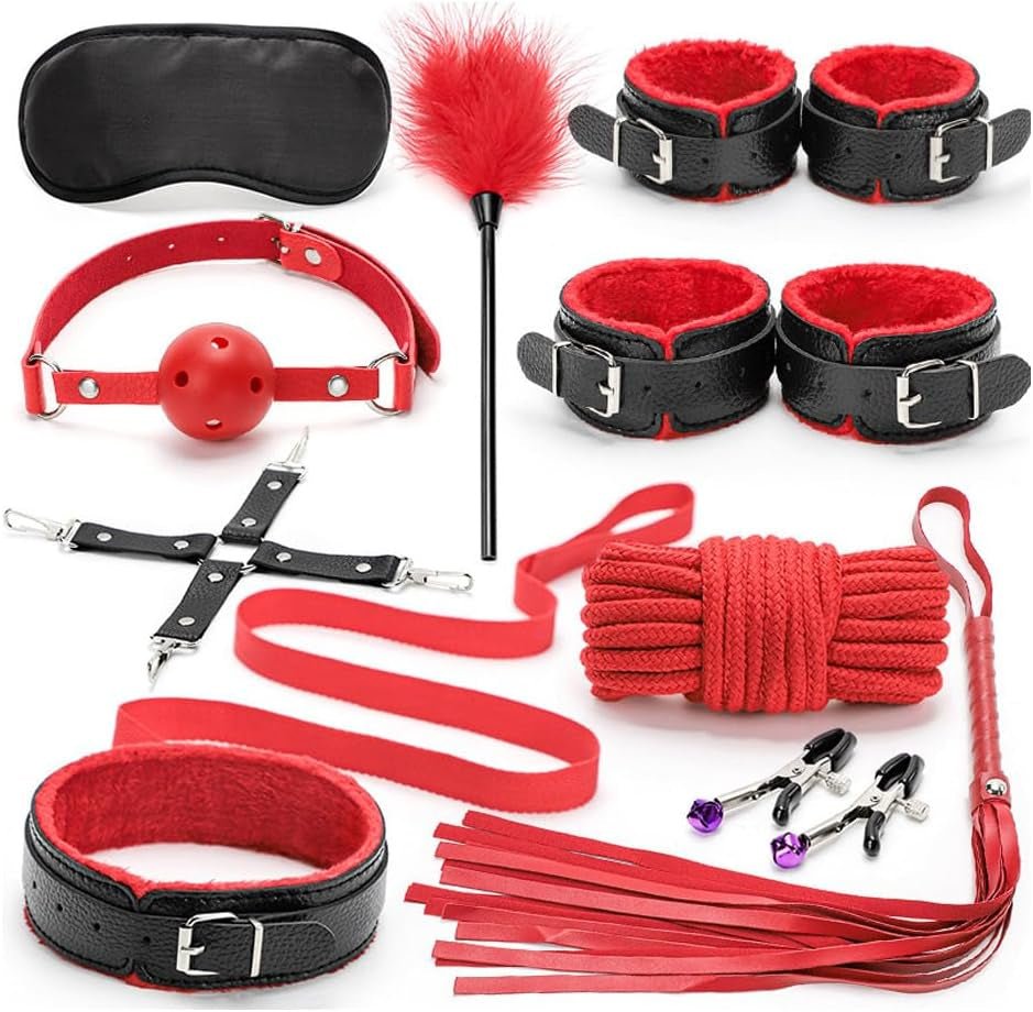 Bondage accessory set with black blindfold, red ball gag, cuffs, flogger, and straps