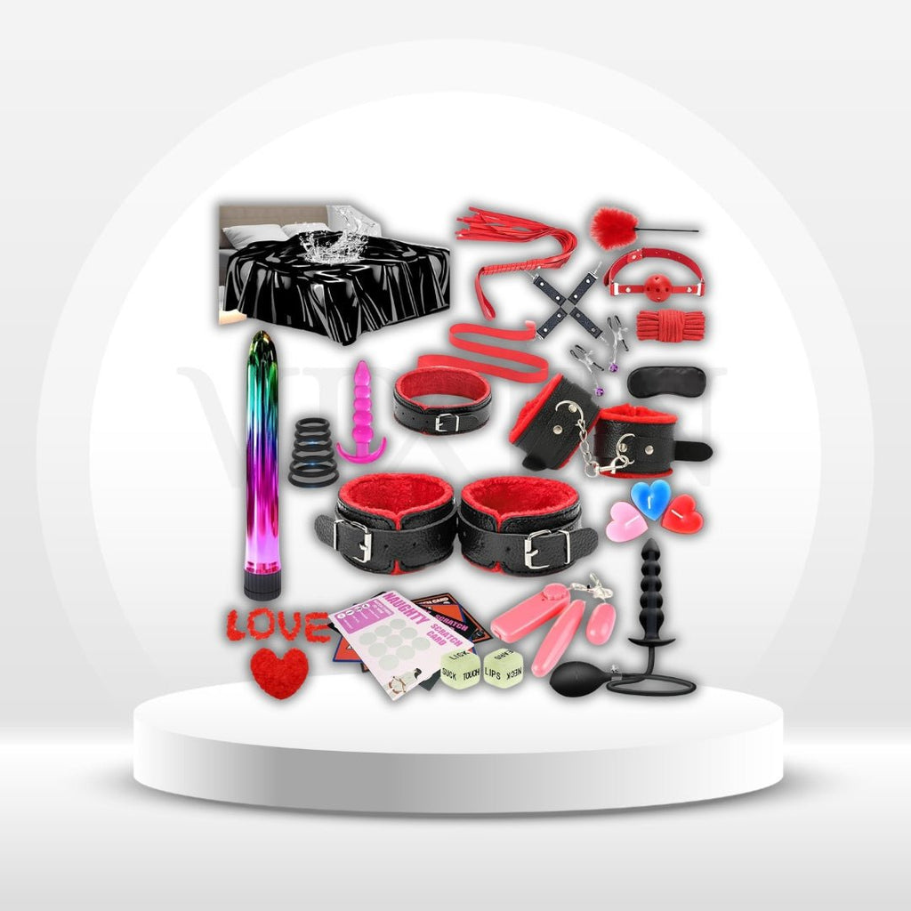 Bondage accessories set with black and red straps, toys, and gloves on a display stand