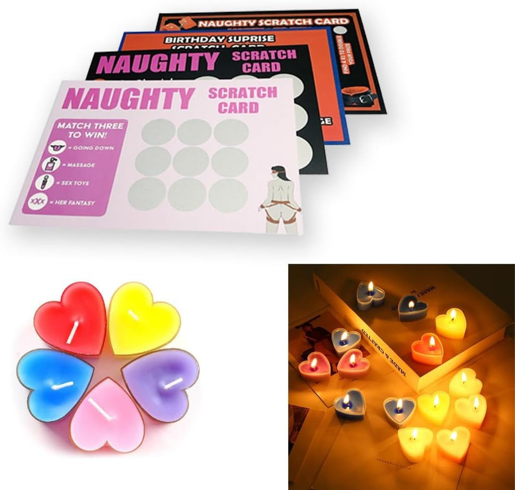 Naughty scratch cards with heart-shaped LED candles for a romantic game