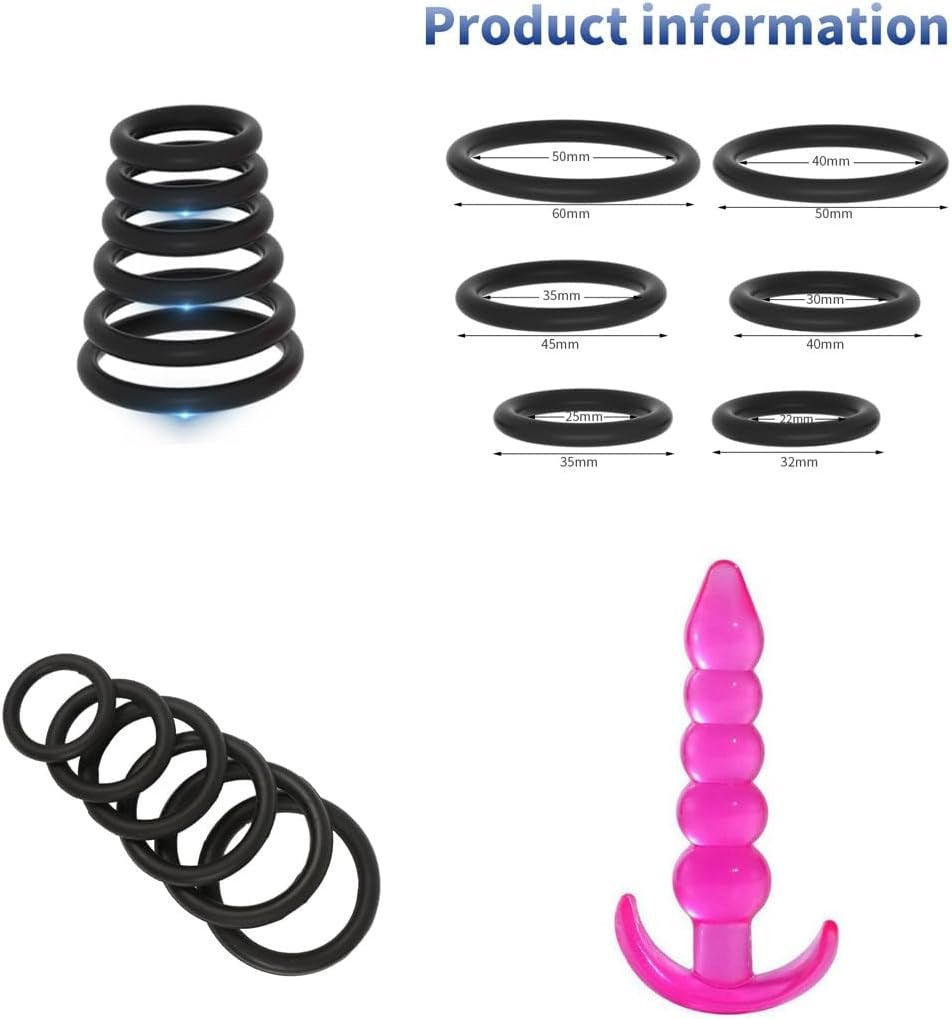 Assorted black silicone cock rings and a pink tapered butt plug with size diagram