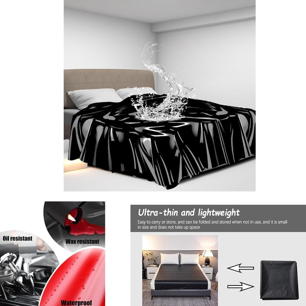 Black satin bondage bed cover with splash effect and protective feature icons