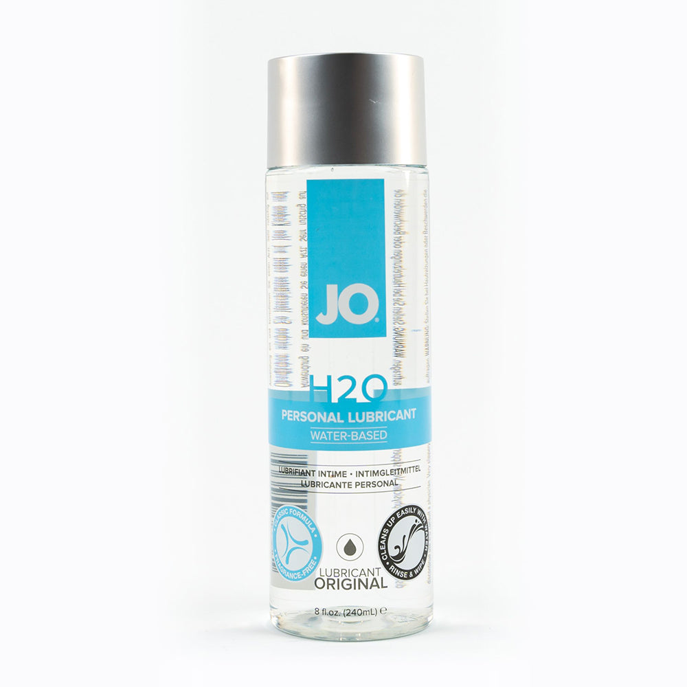 Water-based personal lubricant bottle with silver cap and blue label