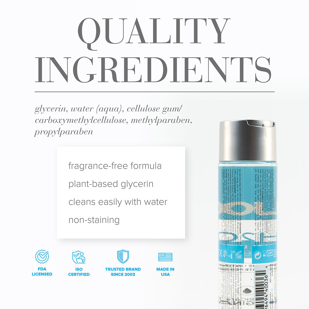 Water-based lubricant bottle with silver cap and ingredient information card
