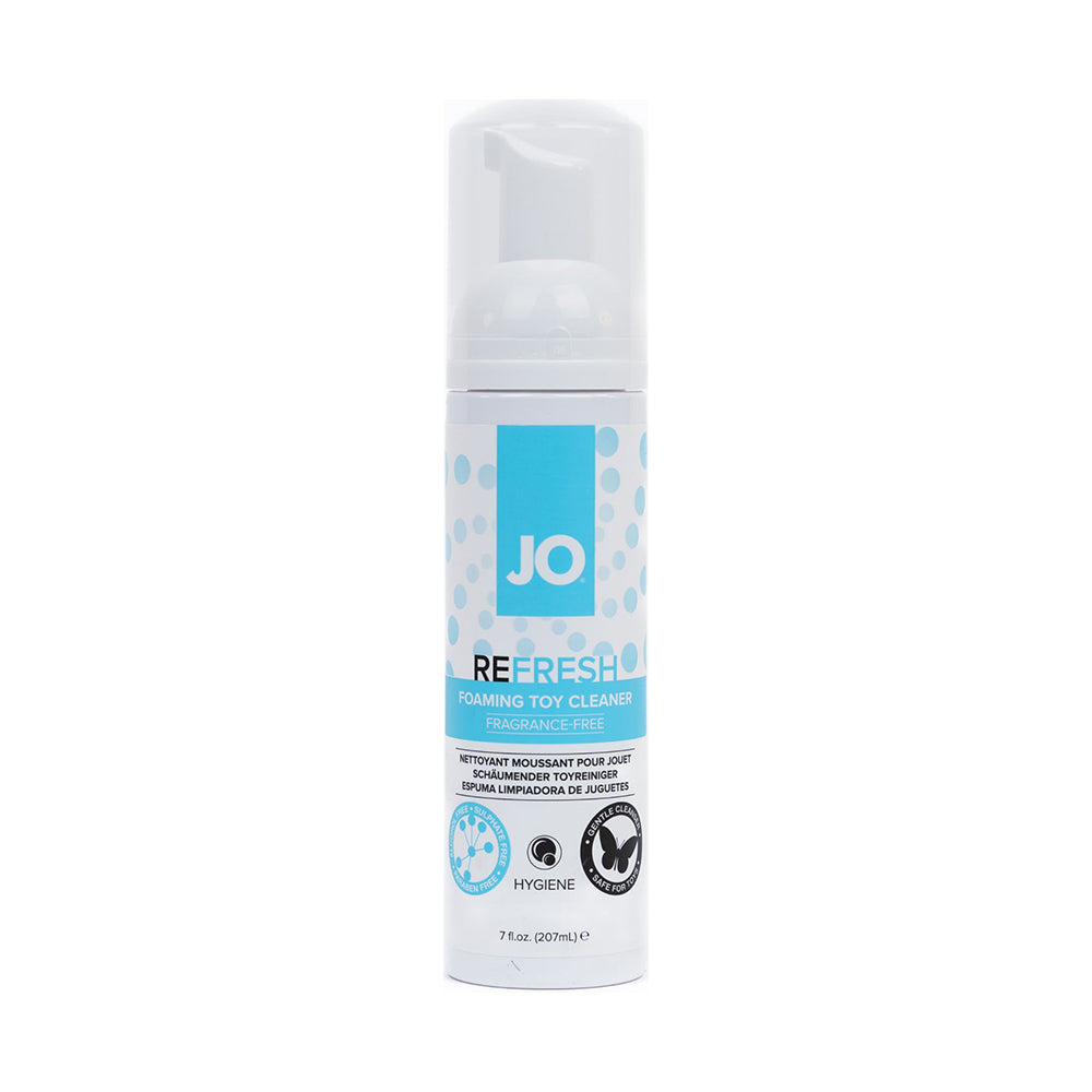 Foaming toy cleaner bottle with blue JO RE-FRESH front label, 7 fl oz.