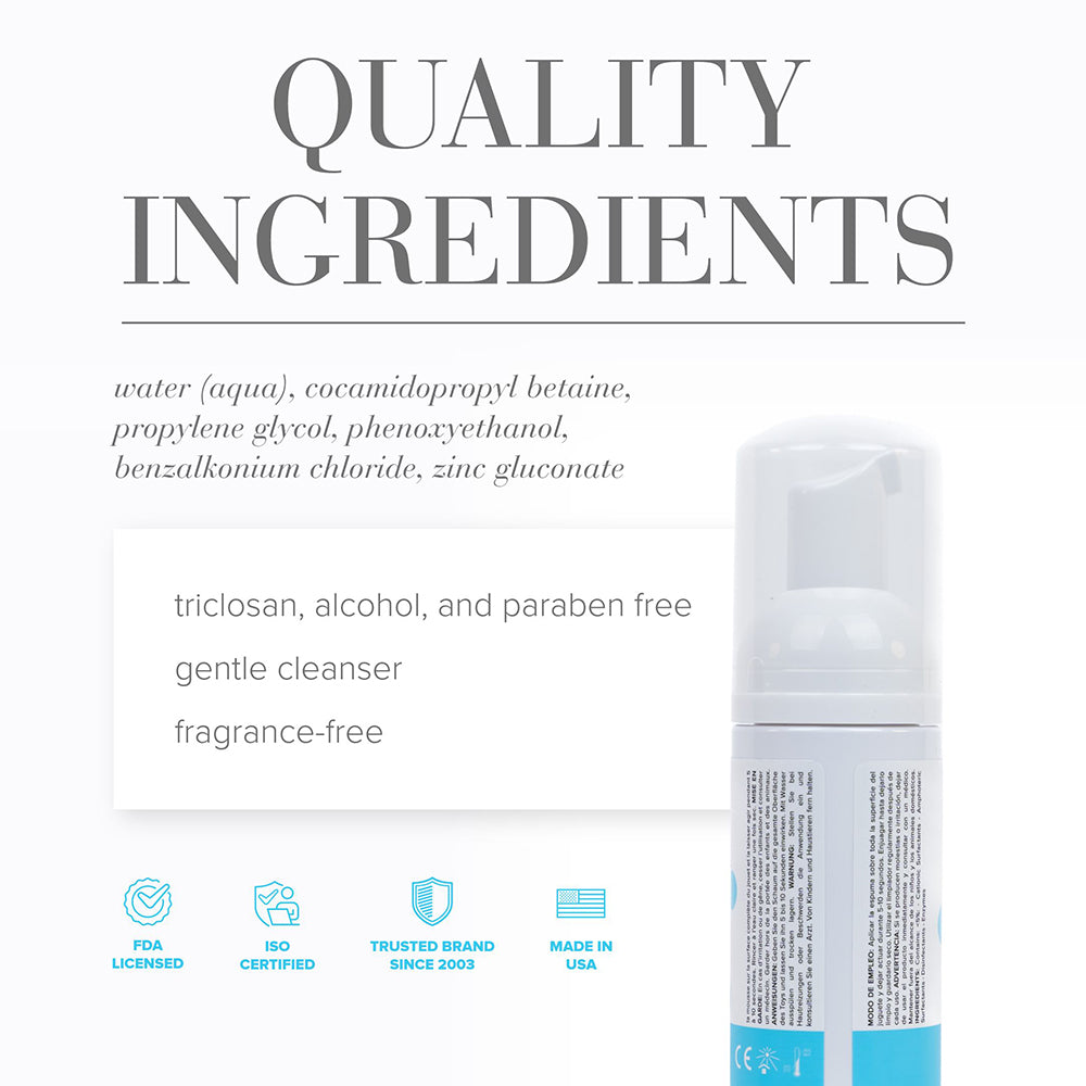 Foaming toy cleaner bottle with ingredients panel and hygiene icons on label.