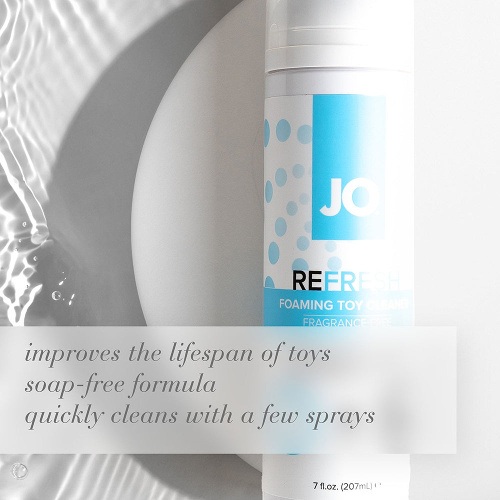 Foaming toy cleaner bottle with blue JO RE-FRESH label, 7 fl oz.