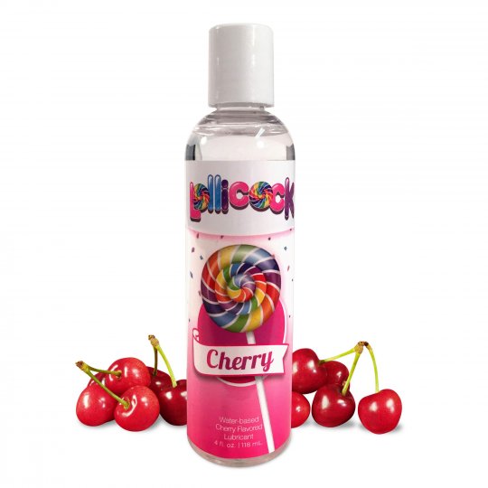 Cherry flavored water-based body gel bottle with colorful label