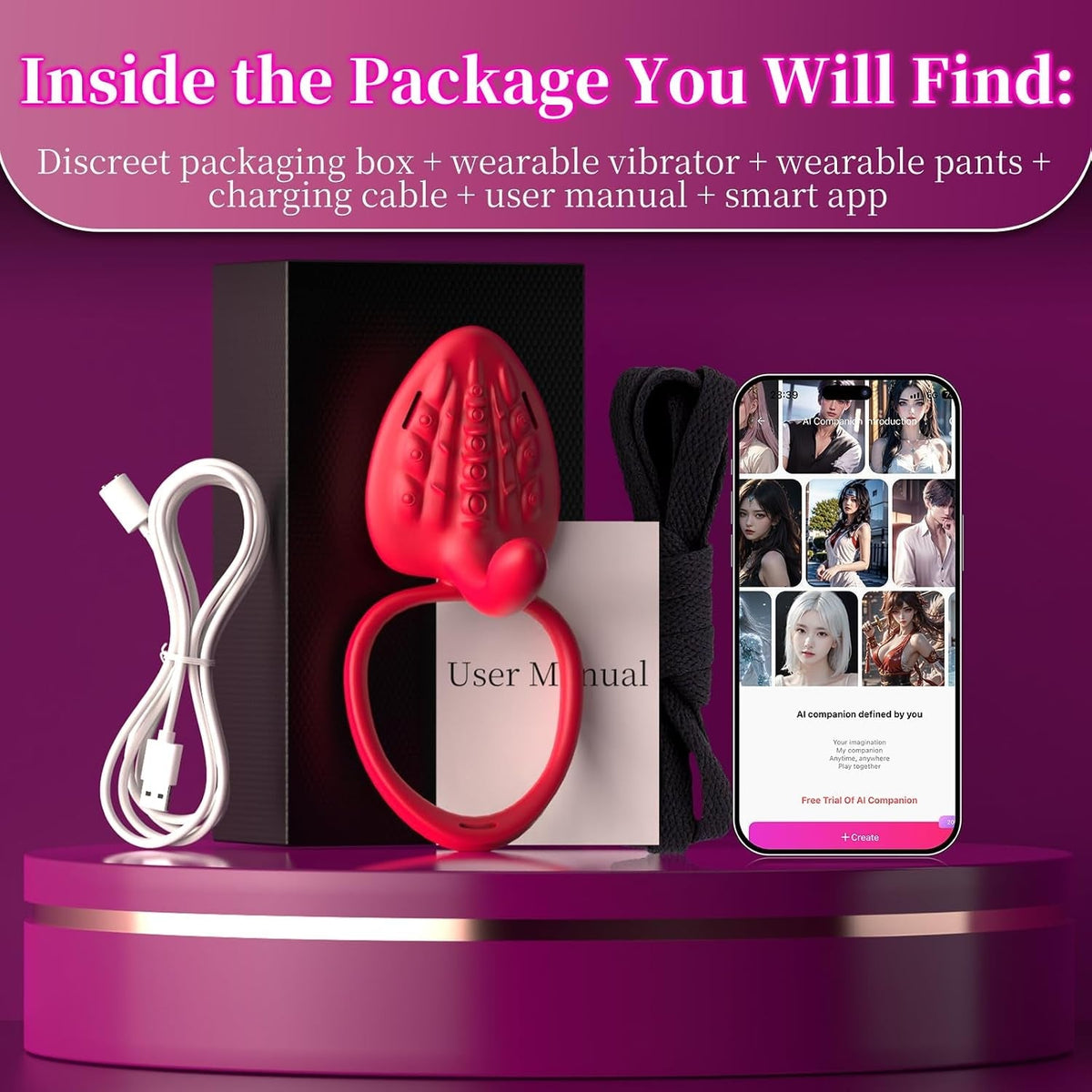 Red couples vibrator kit with charging cable, user manual, and app guide card