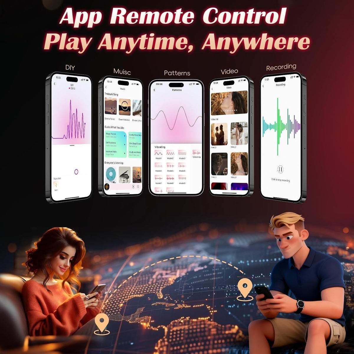 Red couples vibrator control app on smartphones with remote interface screens