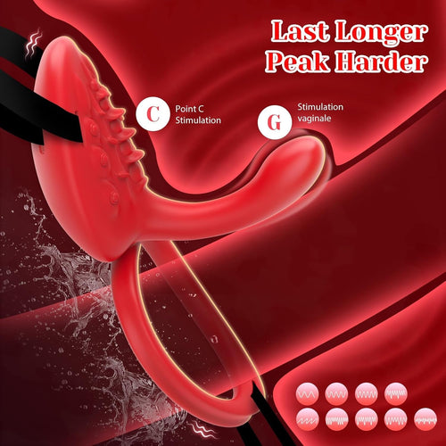 Red wearable couples vibrator with curved ring and textured stimulation surface