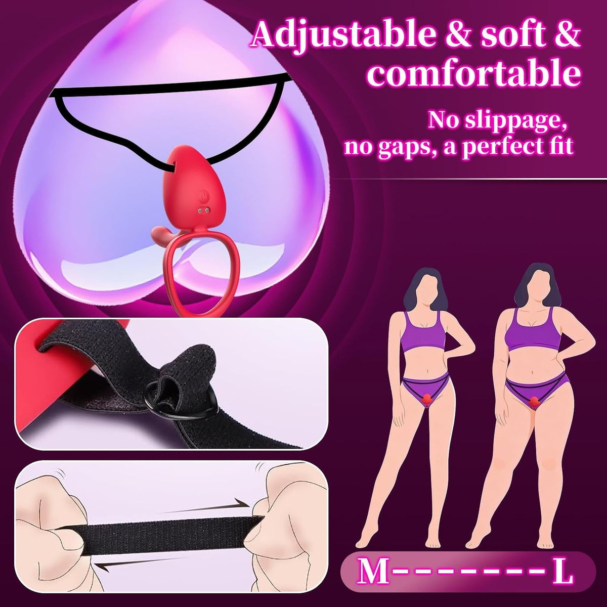 Red soft couples vibrator with adjustable strap and wearable ring sizing