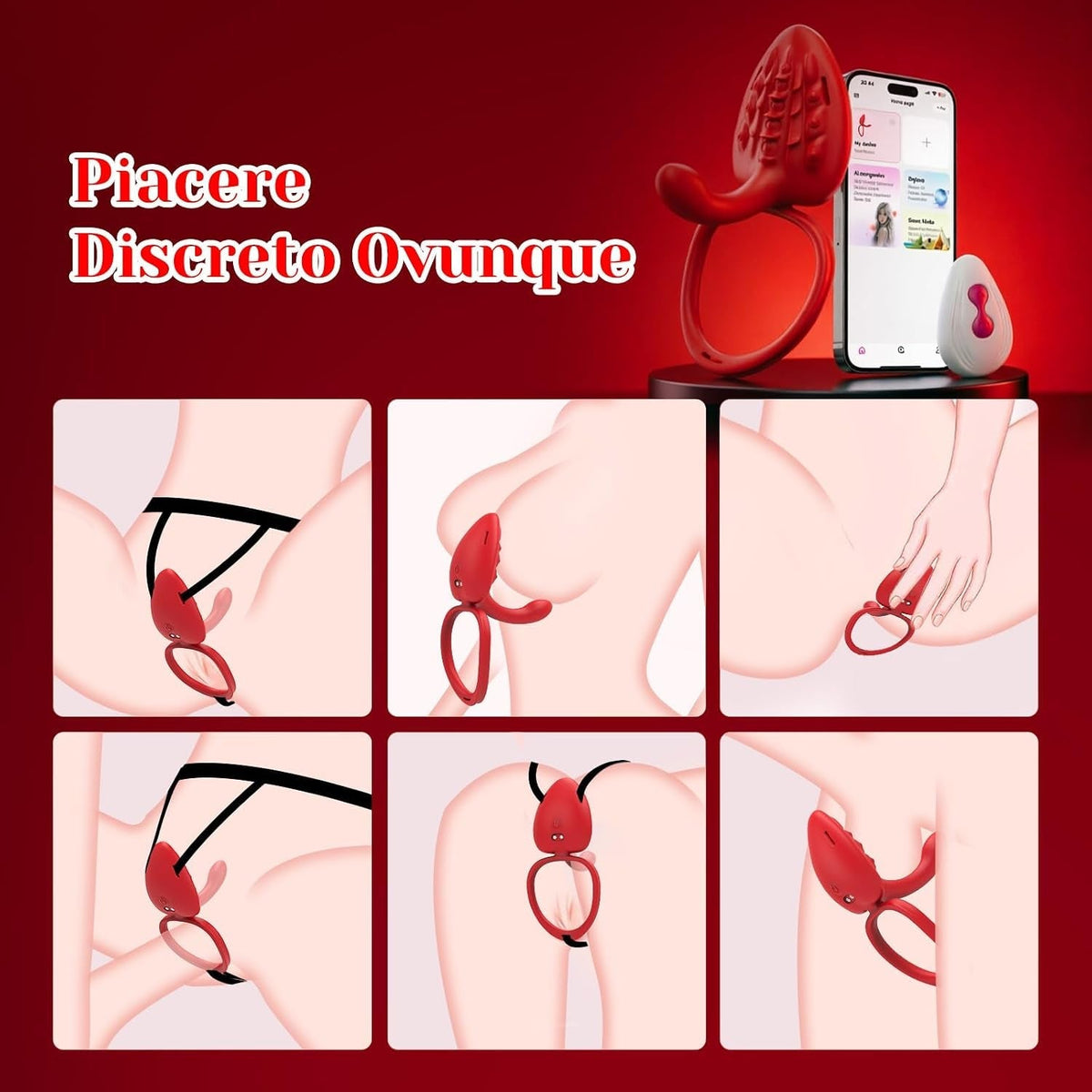 Red wearable couples vibrator with app-controlled remote on a smartphone
