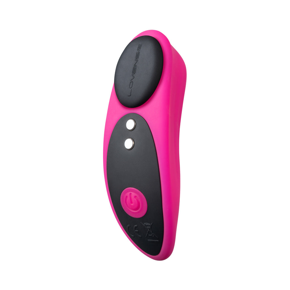 Lovense Ferri remote panty vibrator angled view, pink and black with buttons