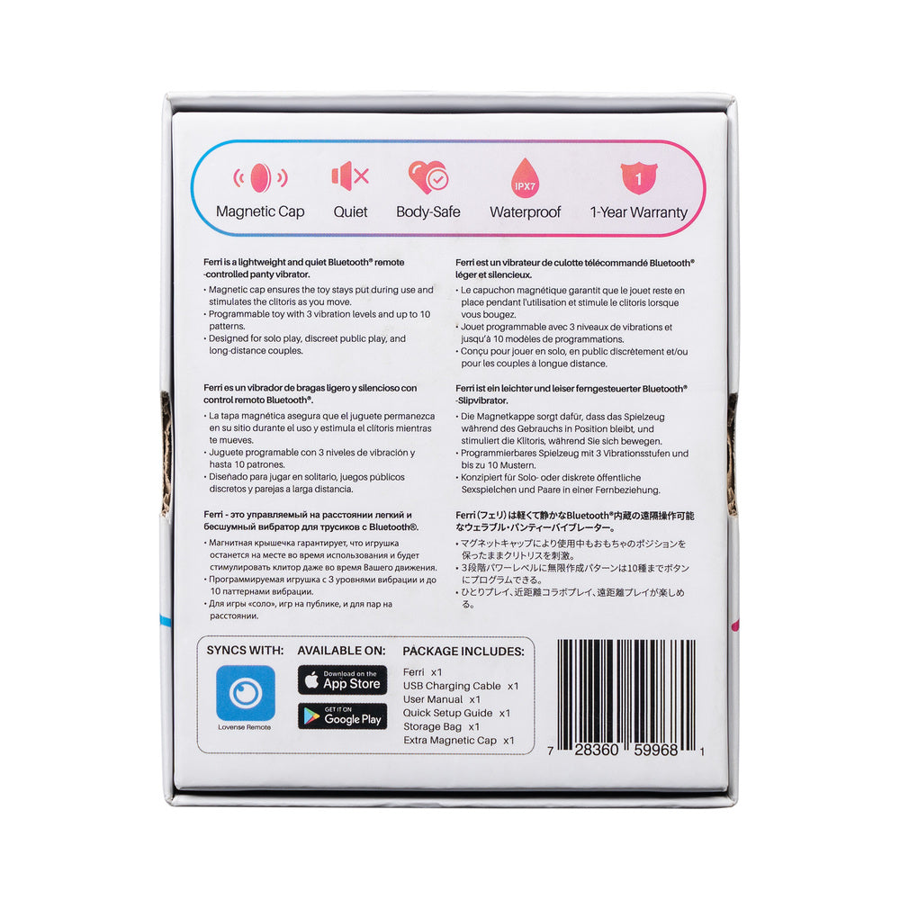 Lovense Ferri Bluetooth remote panty vibrator box with features and warranty info