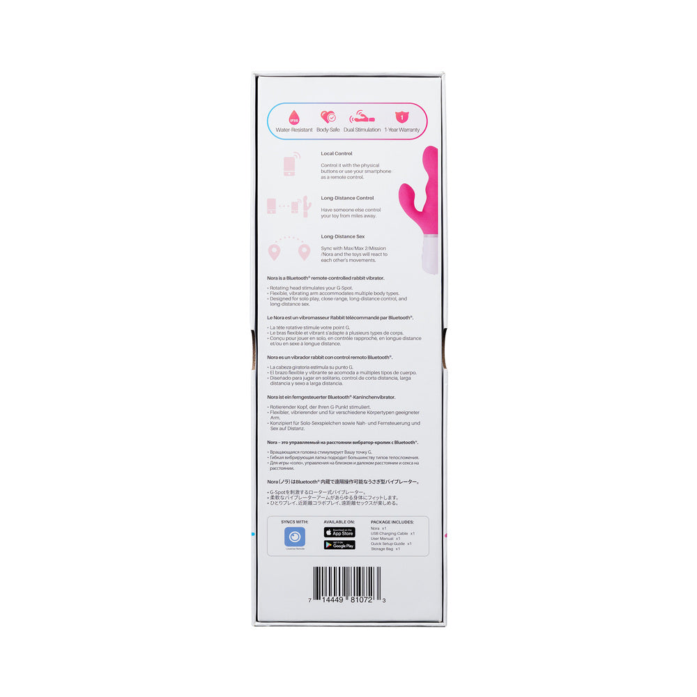 Lovense Nora rabbit vibrator retail box back panel with product details