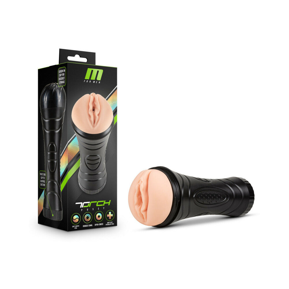 Beige and black motorized-style pleasure toy with textured sleeve and base; boxed set.