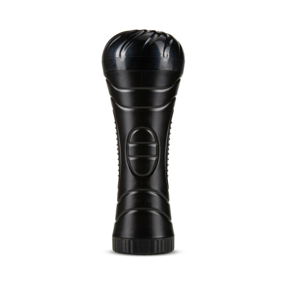 Black pleasure toy with rounded top end and molded control panel on handle.