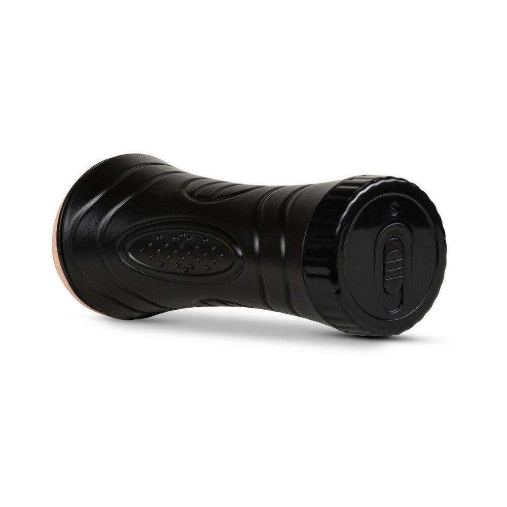 Black pleasure toy body with textured grip details and control panel end view.