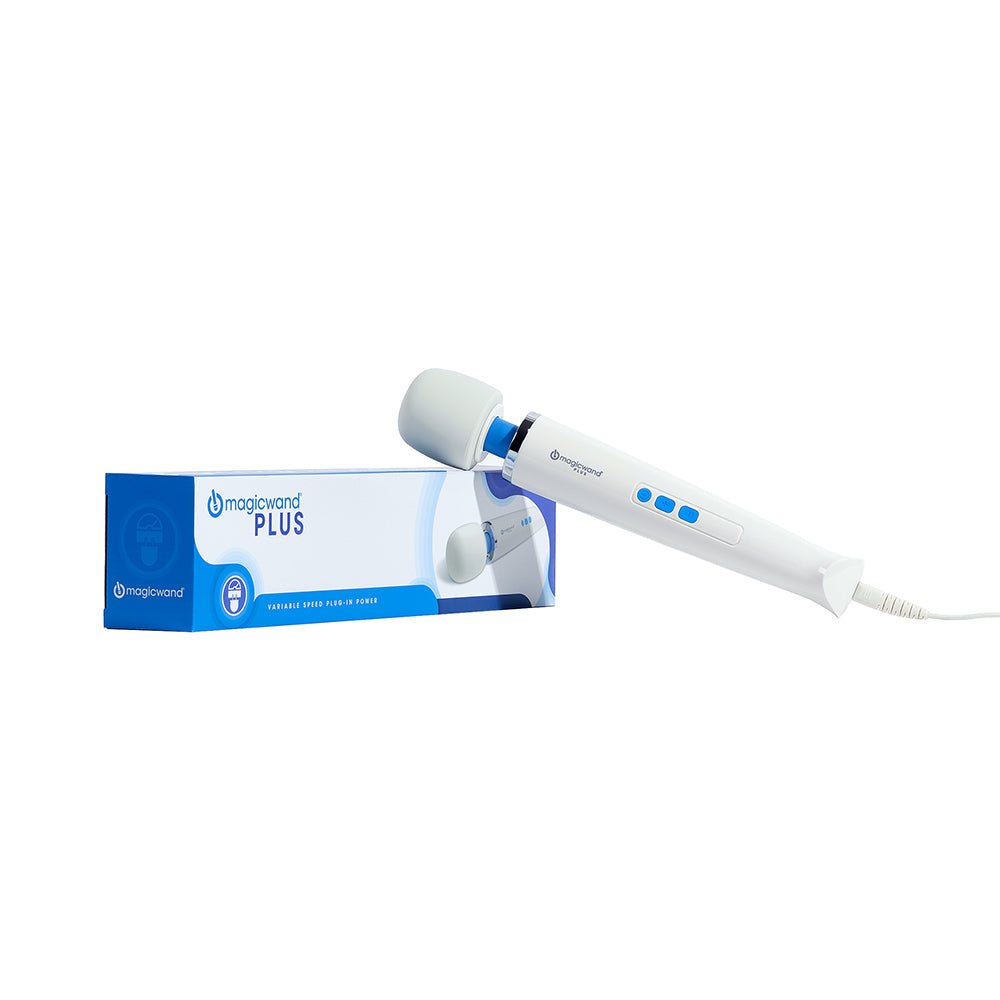 White magicwand PLUS massager wand beside its blue retail box packaging.