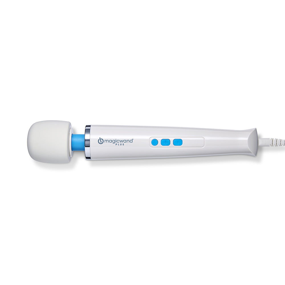 White handheld massager with round head and blue button lights on the side of the handle.