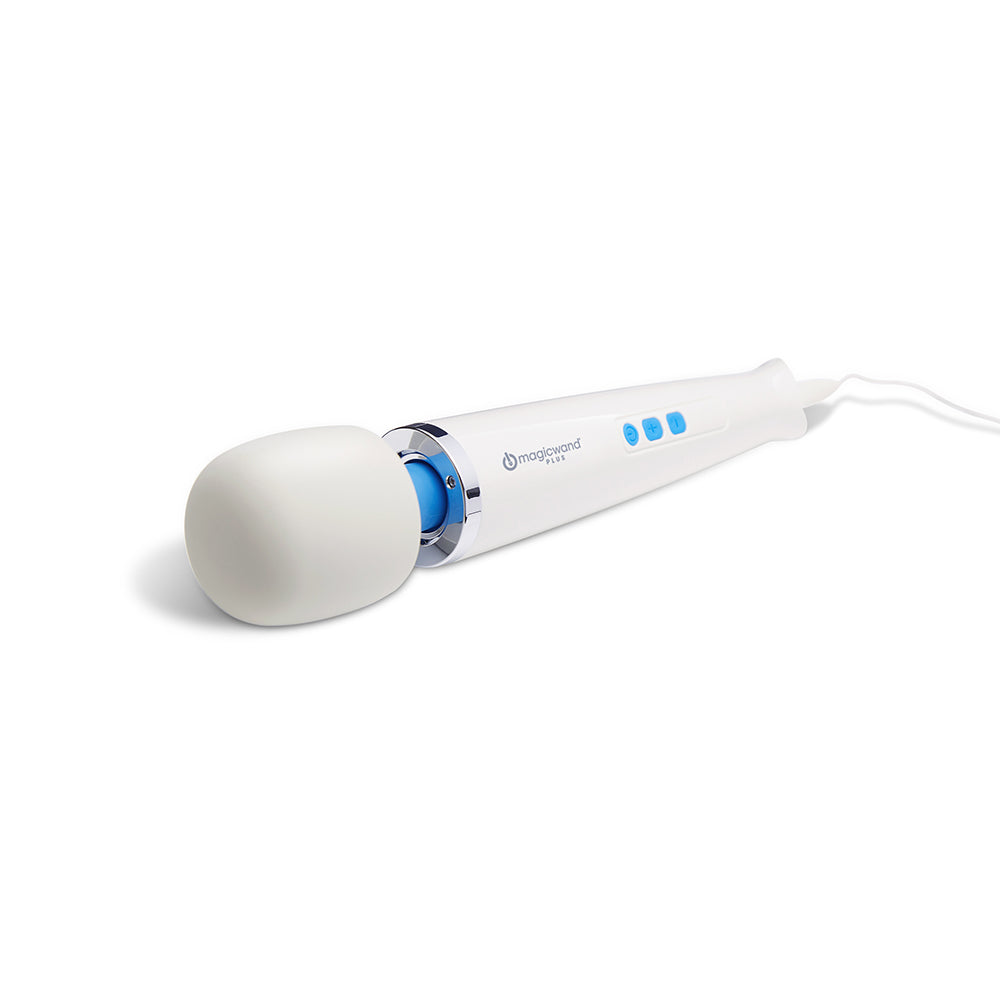 White massager wand with round head, blue ring near head, and small blue control lights.