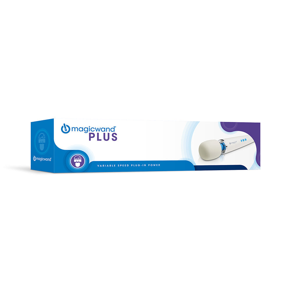 magicwand PLUS massager box, blue package with wand image and branding on the front.