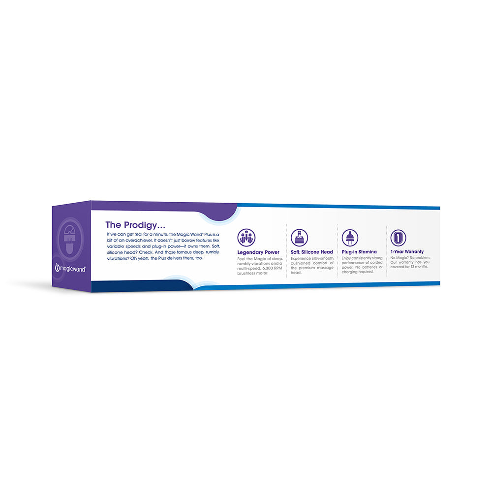 Massager box packaging with purple and blue design and feature icons along the side.