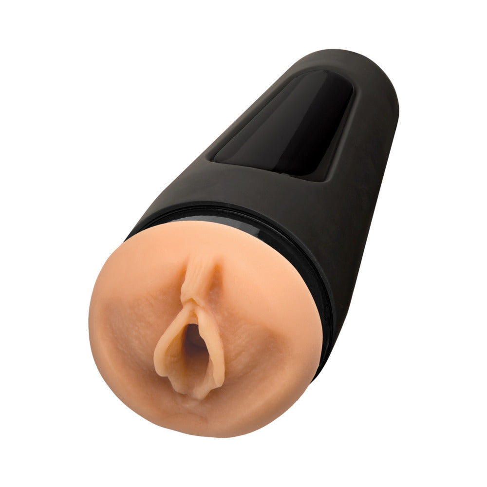 Angled view of tan realistic internal sleeve with central opening and black rim