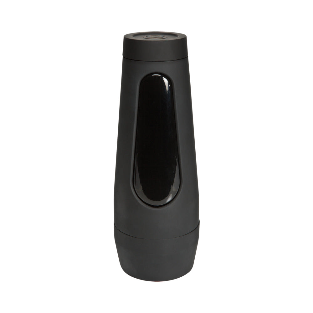 Black handheld stroker device with open oval window and rounded base