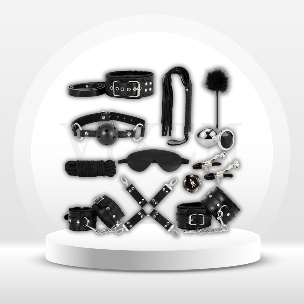 Black 12-piece bondage accessories set with collar, cuffs, blindfold, gag, clamps, flogger