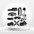 Black 12-piece bondage accessories set with collar, cuffs, blindfold, gag, clamps, flogger
