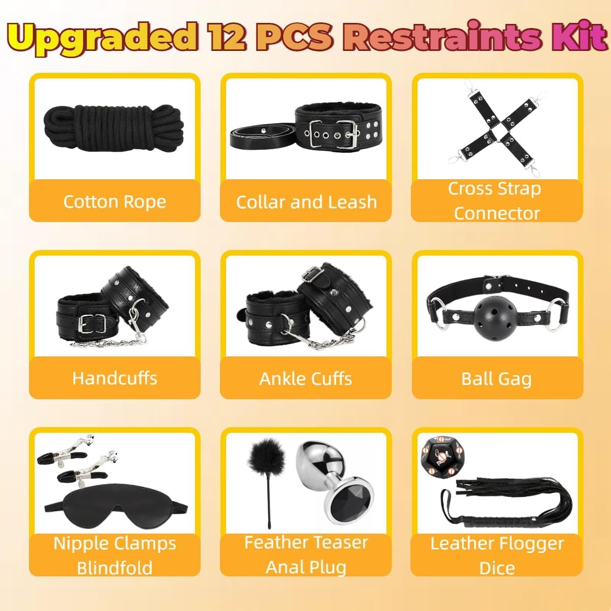 Black 12-piece restraints kit with cotton rope, collar and leash, handcuffs, ankle cuffs, ball gag
