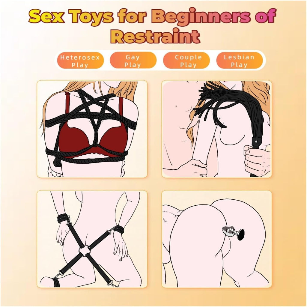 Illustrated black restraint set with straps, blindfold, and cuffs shown on multiple positions